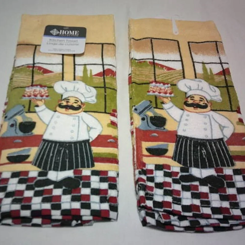 LOT 2 NEW HOME COLLECTION KITCHEN HAND TOWELS FAT ITALIAN CHEF DESIGN 15X25
